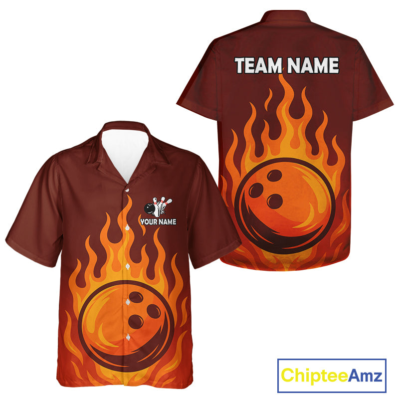 Orange Flame Bowling Hawaiian Shirts Custom Bowling Team League Button Up shirt NQS10445