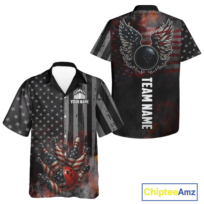 Black Smoke American Flag Bowling wings Hawaiian Shirt Custom Patriotic Bowling Team League Jersey NQS10632