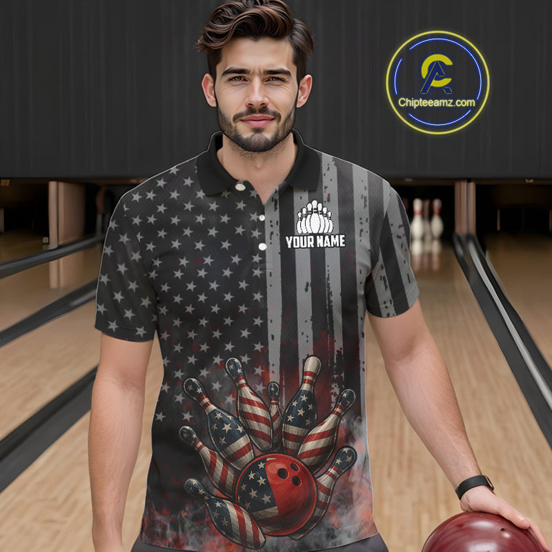 Black Smoke American Flag Bowling wings Shirts For Men Custom Patriotic Bowling Team League Jersey NQS10632