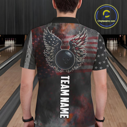 Black Smoke American Flag Bowling wings Shirts For Men Custom Patriotic Bowling Team League Jersey NQS10632
