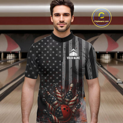 Black Smoke American Flag Bowling wings Shirts For Men Custom Patriotic Bowling Team League Jersey NQS10632