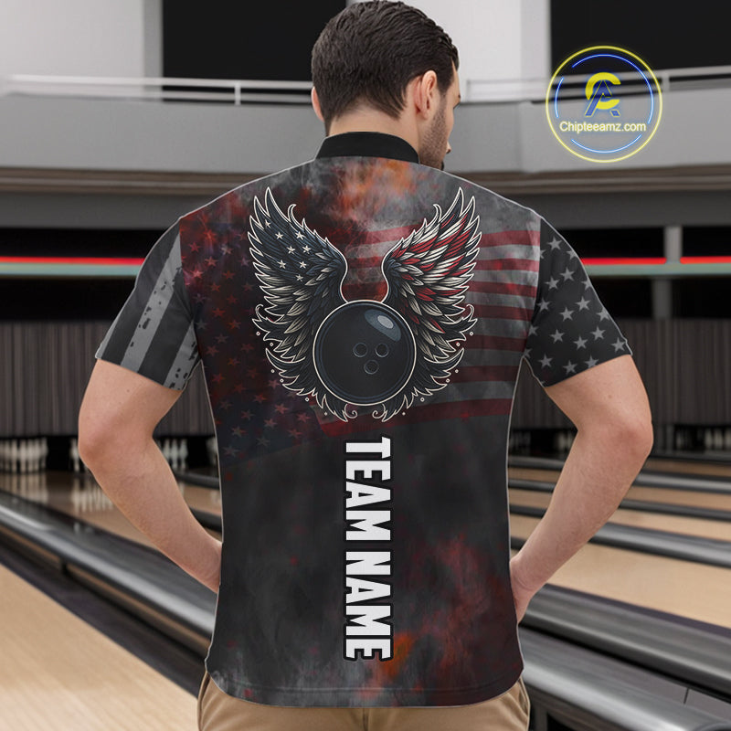 Black Smoke American Flag Bowling wings Shirts For Men Custom Patriotic Bowling Team League Jersey NQS10632