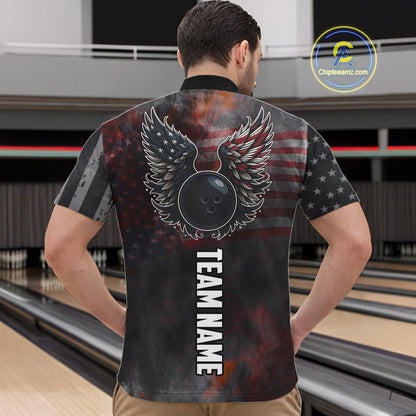 Black Smoke American Flag Bowling wings Shirts For Men Custom Patriotic Bowling Team League Jersey NQS10632