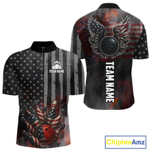 Load image into Gallery viewer, Black Smoke American Flag Bowling wings Shirts For Men Custom Patriotic Bowling Team League Jersey NQS10632