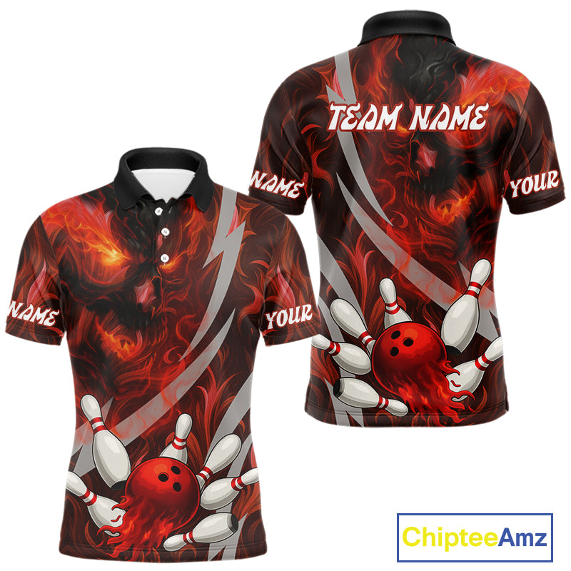 Red Flame Skull Bowling Polo, Quarter Zip shirts For Men Custom Halloween Team Bowling Outfit NQS10636
