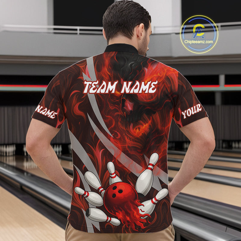 Red Flame Skull Bowling Polo, Quarter Zip shirts For Men Custom Halloween Team Bowling Outfit NQS10636