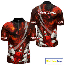 Load image into Gallery viewer, Red Flame Skull Bowling Polo, Quarter Zip shirts For Men Custom Halloween Team Bowling Outfit NQS10636