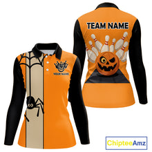 Load image into Gallery viewer, Orange and Black Halloween Retro Bowling Polo, 1/4 Zip Shirts For Women Custom Bowling Team Shirt NQS10464