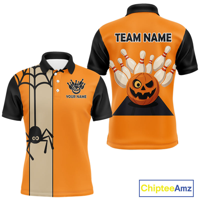 Orange and Black Halloween Retro Bowling Polo, 1/4 Zip Shirts For Men Custom Bowling Team Shirt NQS10464