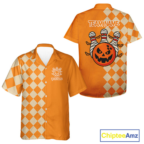 Orange Argyle Pattern Custom Halloween Bowling Hawaiian Shirts, Personalized Bowling Team Shirt NQS10466