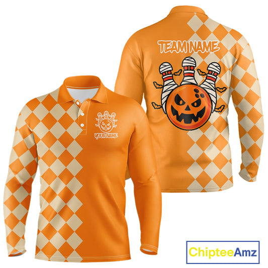 Orange Argyle Pattern Custom Halloween Mens Bowling Shirts, Personalized Bowling Team Shirt NQS10466
