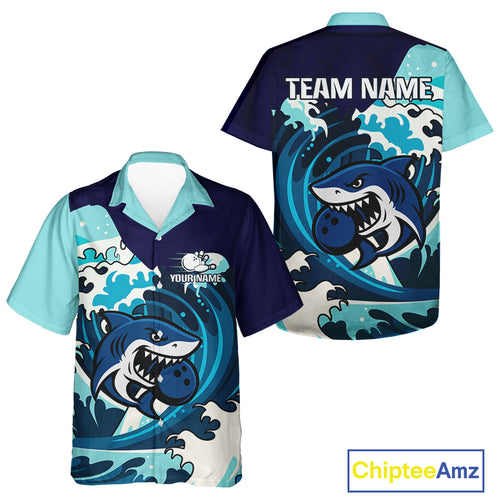 Custom Blue Shark Bowling Hawaiian Shirt, Personalized Shark Bowling Team Shirt NQS10469