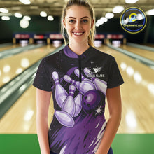 Load image into Gallery viewer, Custom Black &amp; Purple Galaxy Bowling Team Polo, 1/4 Zip Shirt For Women, Personalized Bowling Jerseys NQS10544