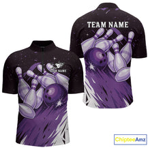 Load image into Gallery viewer, Custom Black And Purple Galaxy Bowling Team Polo, 1/4 Zip Shirt For Men, Personalized Bowling Jerseys NQS10544
