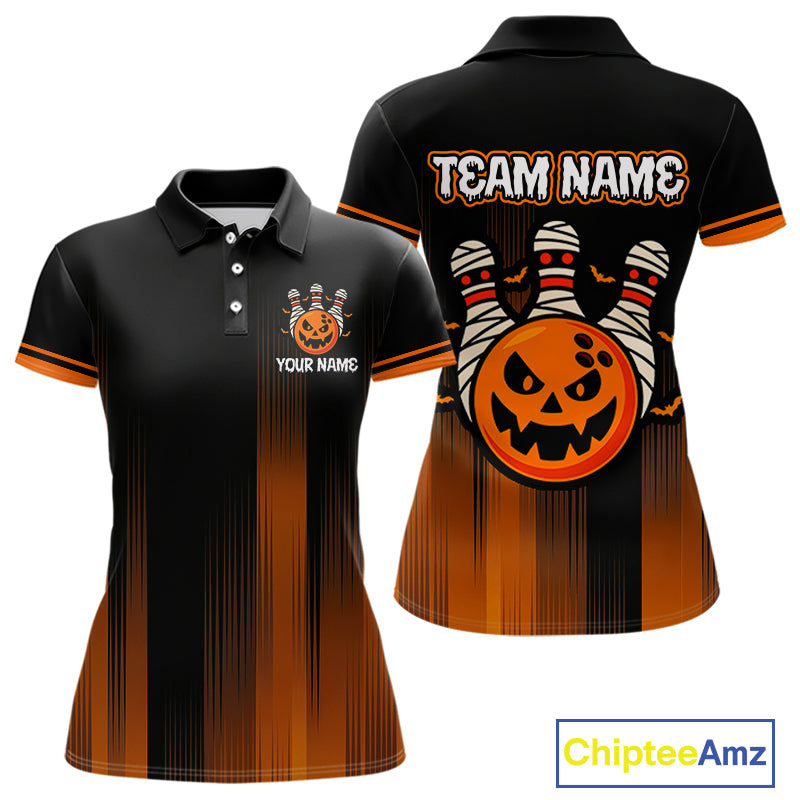 Custom Orange and Black Funny Pumpkin Ball pins Women Bowling Team Shirts, Halloween Bowling Outfit NQS10564