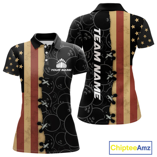 Vintage American Flag Black Bowling Camo Retro Bowling shirts for Women Custom Team bowling jersey NQS10584