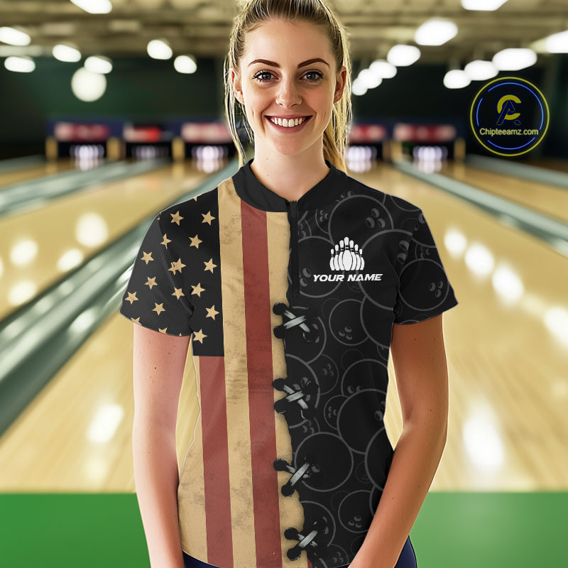 Vintage American Flag Black Bowling Camo Retro Bowling shirts for Women Custom Team bowling jersey NQS10584