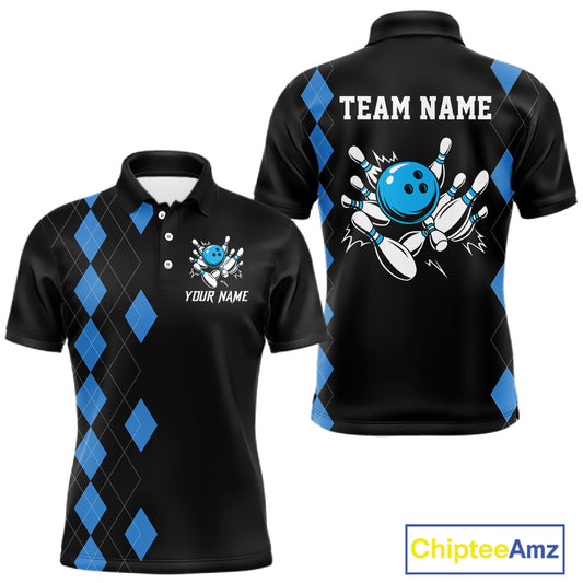 Black and Blue argyle bowling polo shirts, 1/4 zip shirt for men Custom team bowling jerseys men NQS11404