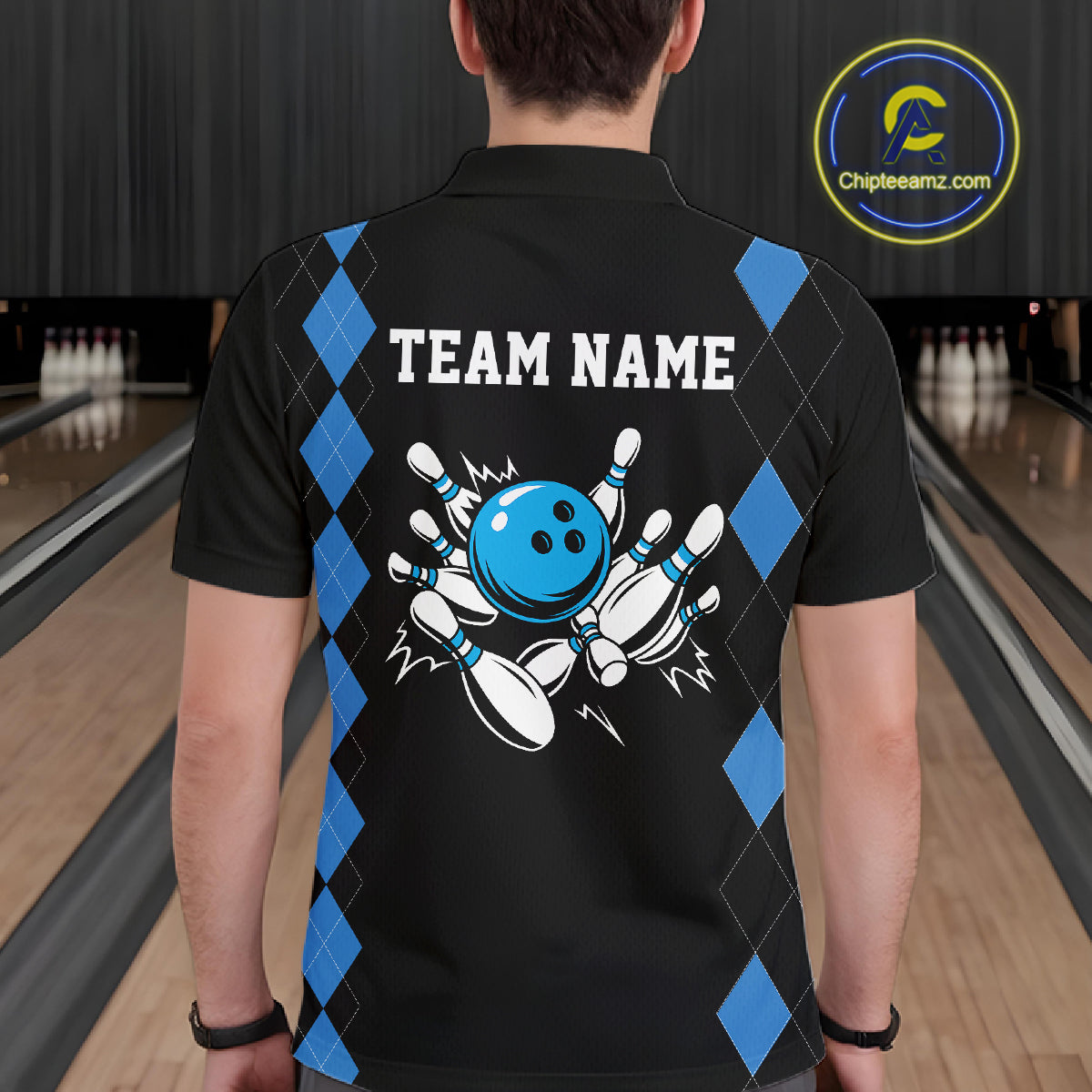 Black and Blue argyle bowling polo shirts, 1/4 zip shirt for men Custom team bowling jerseys men NQS11404