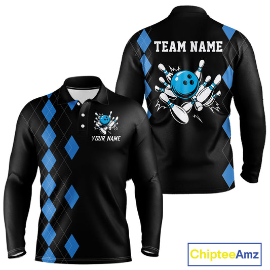 Black and Blue argyle bowling polo shirts, 1/4 zip shirt for men Custom team bowling jerseys men NQS11404