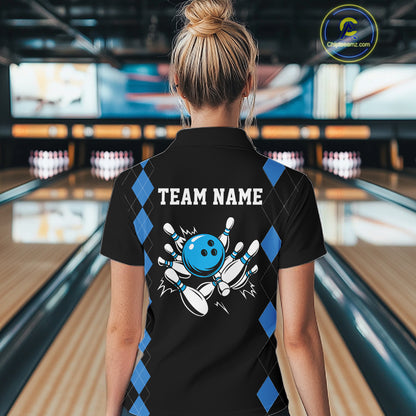 Black and Blue argyle womens bowling shirts custom team bowling jerseys women's bowling outfits NQS11404