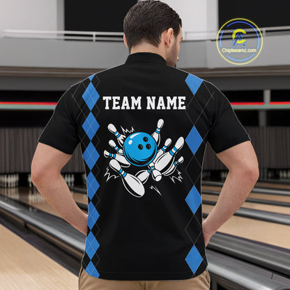Black and Blue argyle bowling polo shirts, 1/4 zip shirt for men Custom team bowling jerseys men NQS11404