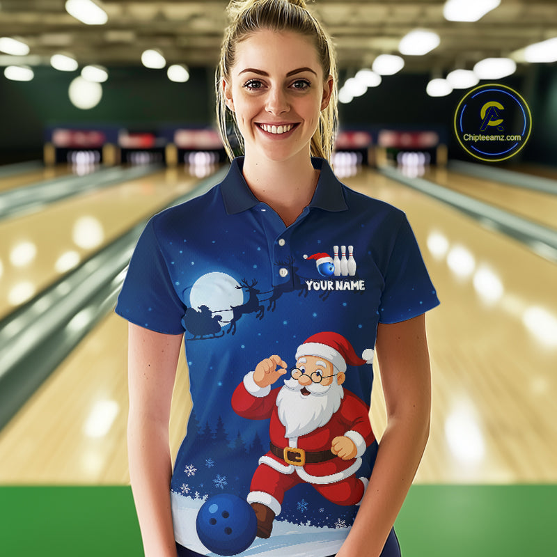 Custom Blue Funny Christmas Santa Bowling Polo, 1/4 Zip Shirt For Women, Bowling Team League Jersey NQS10827