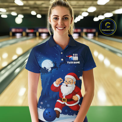 Custom Blue Funny Christmas Santa Bowling Polo, 1/4 Zip Shirt For Women, Bowling Team League Jersey NQS10827