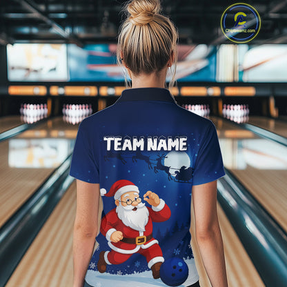 Custom Blue Funny Christmas Santa Bowling Polo, 1/4 Zip Shirt For Women, Bowling Team League Jersey NQS10827