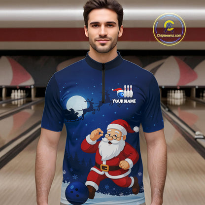 Custom Blue Funny Christmas Santa Bowling Polo, Quarter Zip Shirt For Men, Bowling Team League Jersey NQS10827