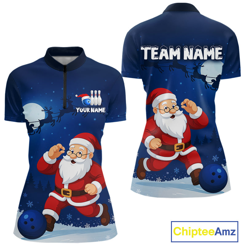Custom Blue Funny Christmas Santa Bowling Polo, 1/4 Zip Shirt For Women, Bowling Team League Jersey NQS10827