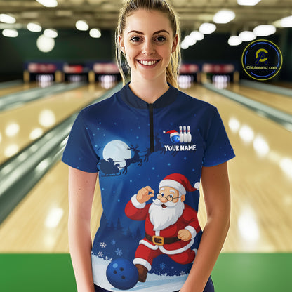Custom Blue Funny Christmas Santa Bowling Polo, 1/4 Zip Shirt For Women, Bowling Team League Jersey NQS10827