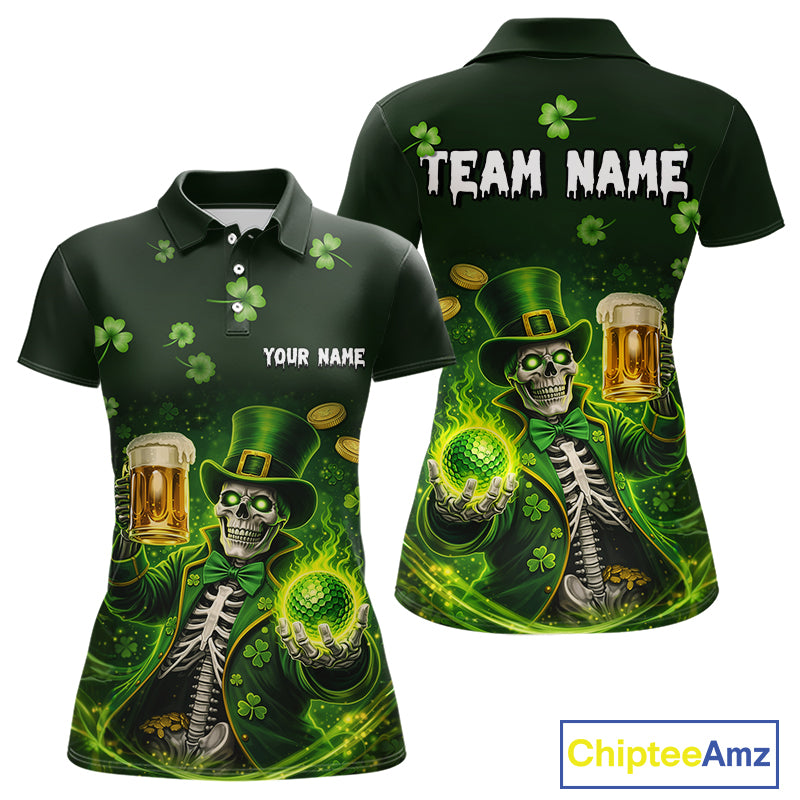 Funny Skull drink beer St Patrick's Day Green shamrock Custom matching men and womens golf shirts NQS11411