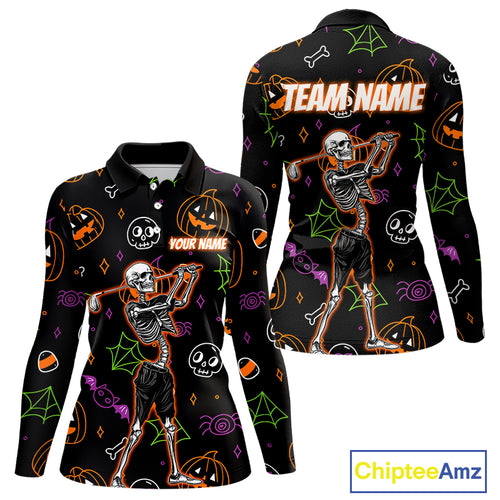 Personalized Funny Halloween Pattern Skull Golf Polo Shirts For Women, Halloween Ladies Golf Gifts NQS10836