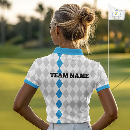 Custom Blue and White argyle pattern Golf Polo Shirts For Women, personalized team ladies golf outfit NQS11210