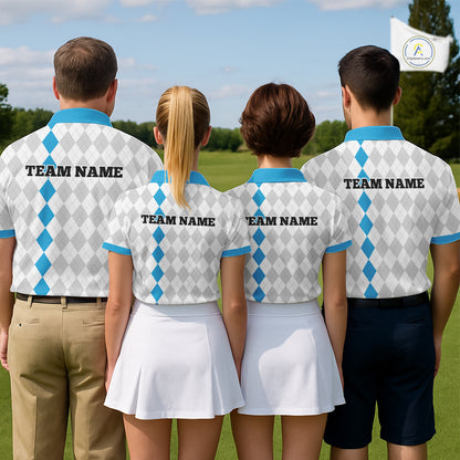 Custom Blue and White argyle pattern Golf Polo Shirts For Women, personalized team ladies golf outfit NQS11210