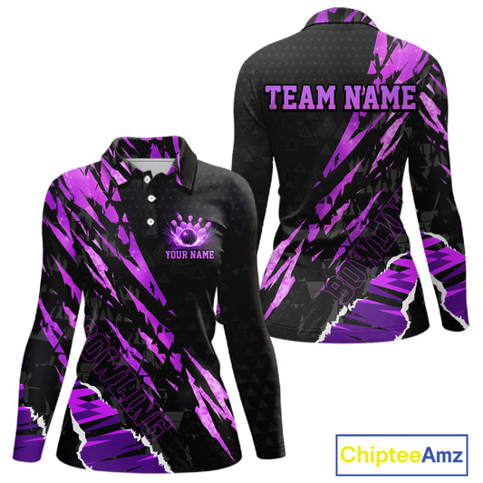 Black and Purple camo Bowling Polo shirts, 1/4 zip shirt for Women custom Bowling Team League Jerseys NQS11420