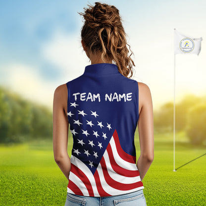 Red, White and Blue American Flag Skull Sleeveless Golf polo shirt custom patriotic ladies golf top NQS10851
