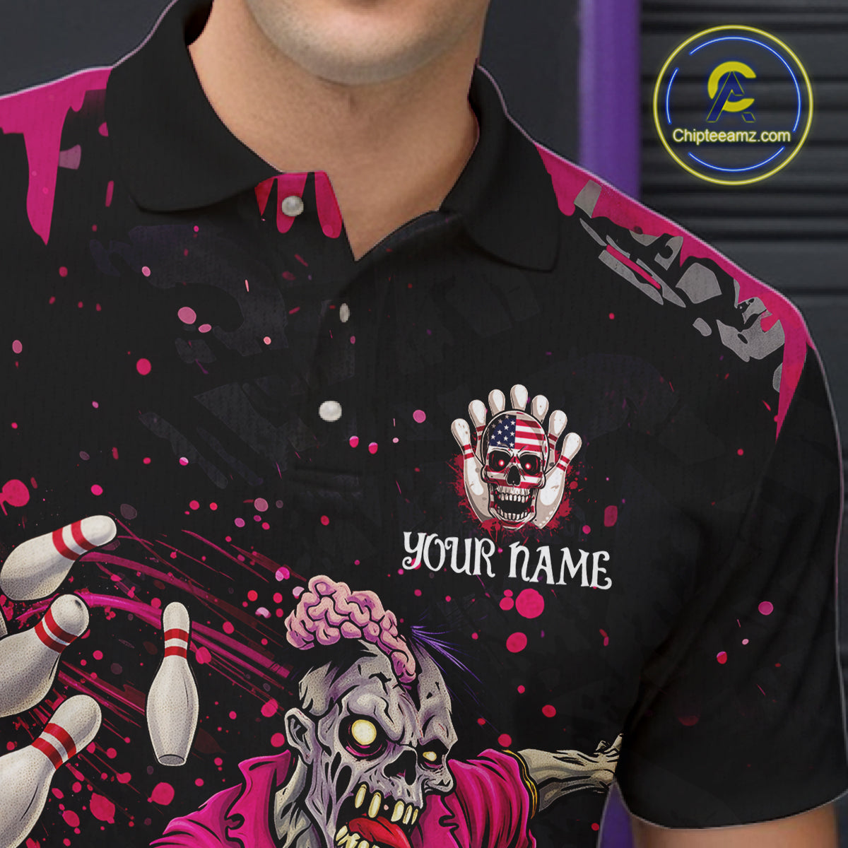 Black and Pink Funny zombie Bowling Shirts For Men Custom Mens Bowling team league jerseys NQS11442