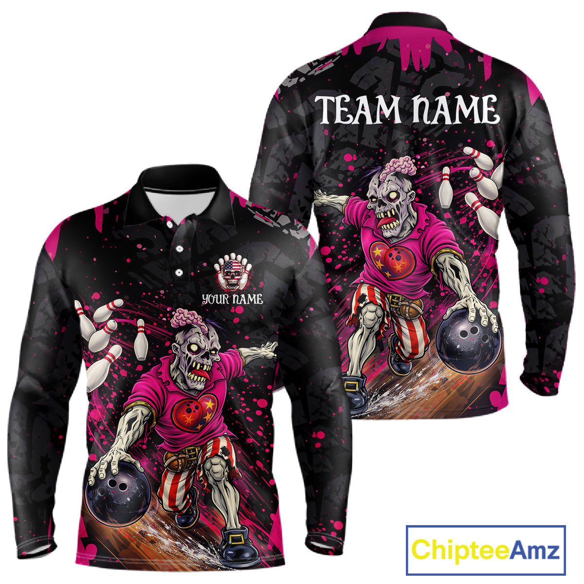 Black and Pink Funny zombie Bowling Shirts For Men Custom Mens Bowling team league jerseys NQS11442
