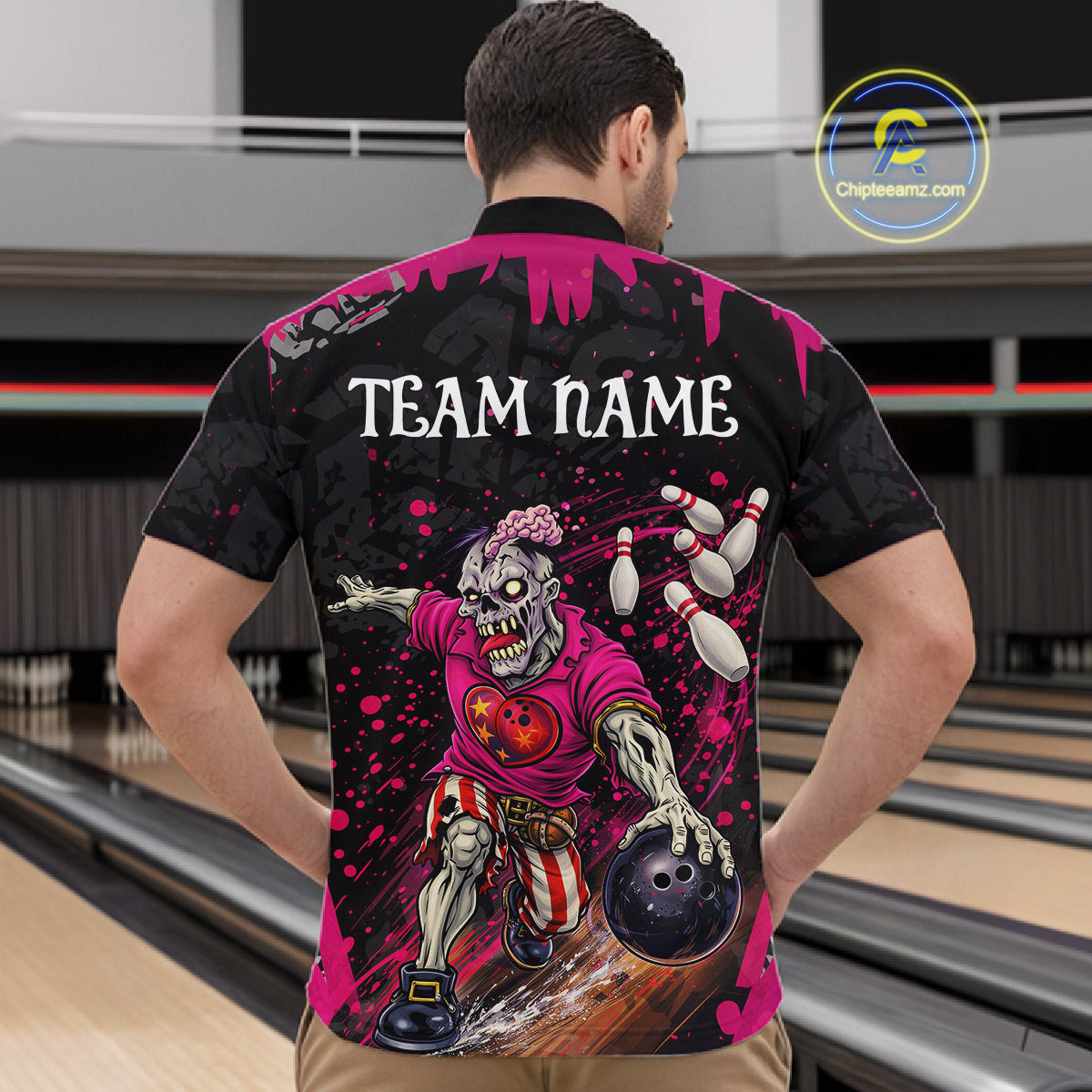 Black and Pink Funny zombie Bowling Shirts For Men Custom Mens Bowling team league jerseys NQS11442