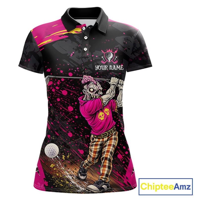 Black and Pink Funny zombie Golf Polo shirts for Women Custom funny women's golf team shirts NQS11443