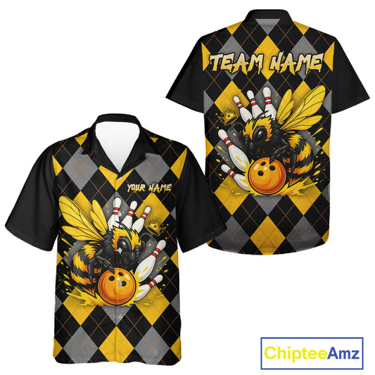 Black and Yellow argyle pattern Honey Bee Bowling Hawaiian shirts Custom Team bowling jerseys NQS11250