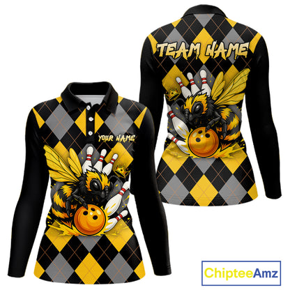 Black and Yellow argyle pattern Honey Bee Bowling shirts for Women Custom Team bowling jerseys NQS11250
