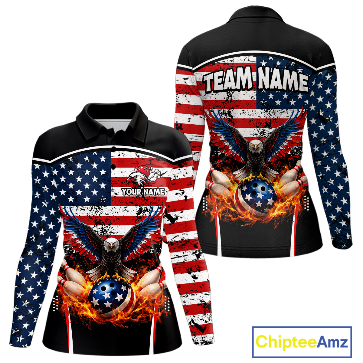 American Flag Eagle Flame Bowling Shirts For Women Custom patriotic Bowling Team Jerseys NQS11735