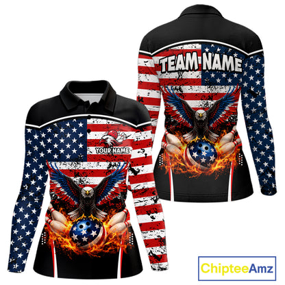 American Flag Eagle Flame Bowling Shirts For Women Custom patriotic Bowling Team Jerseys NQS11735