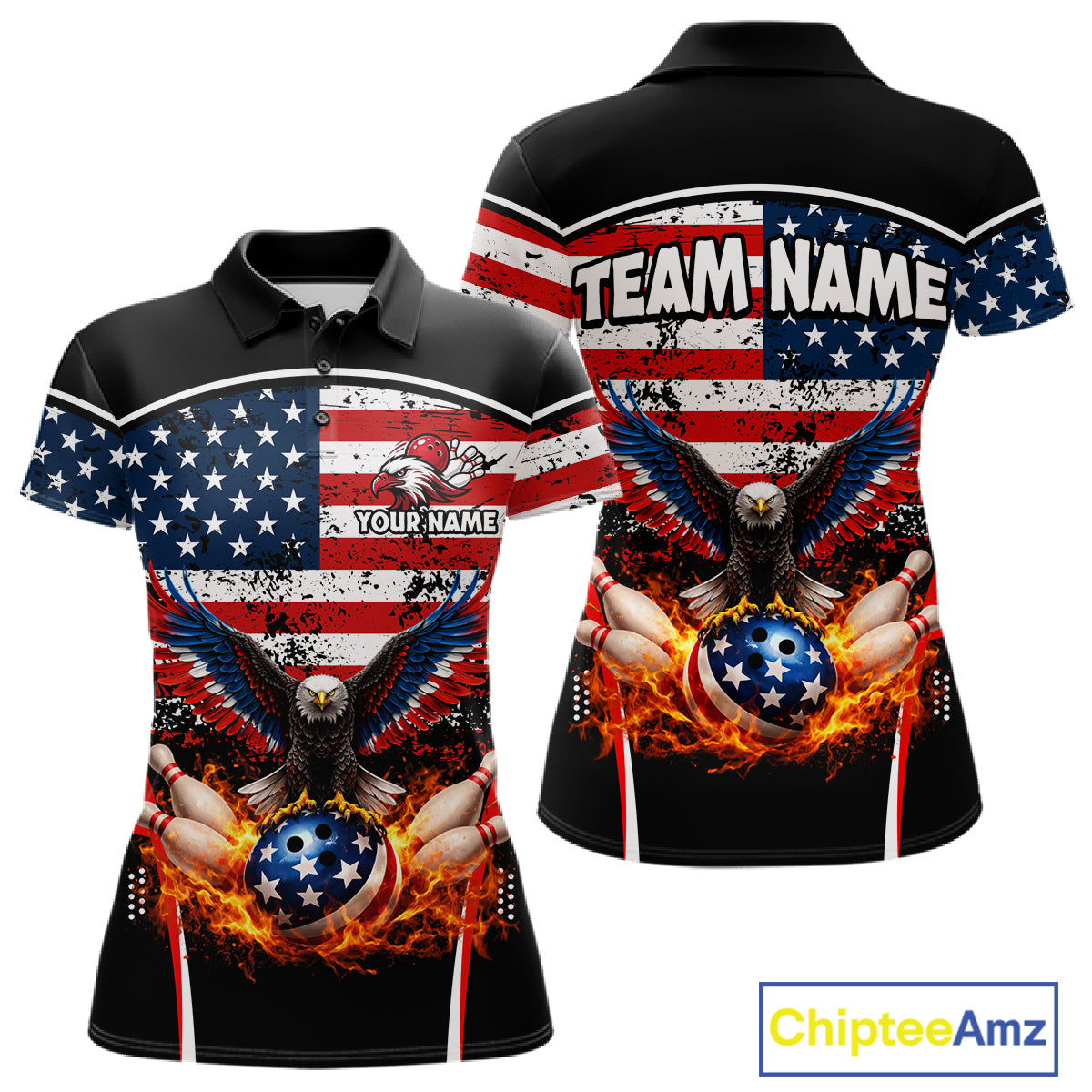 American Flag Eagle Flame Bowling Shirts For Women Custom patriotic Bowling Team Jerseys NQS11735