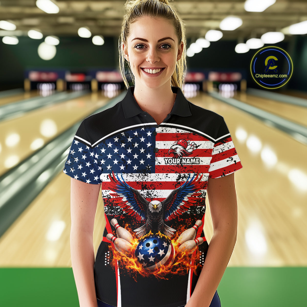 American Flag Eagle Flame Bowling Shirts For Women Custom patriotic Bowling Team Jerseys NQS11735