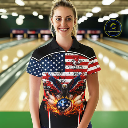 American Flag Eagle Flame Bowling Shirts For Women Custom patriotic Bowling Team Jerseys NQS11735