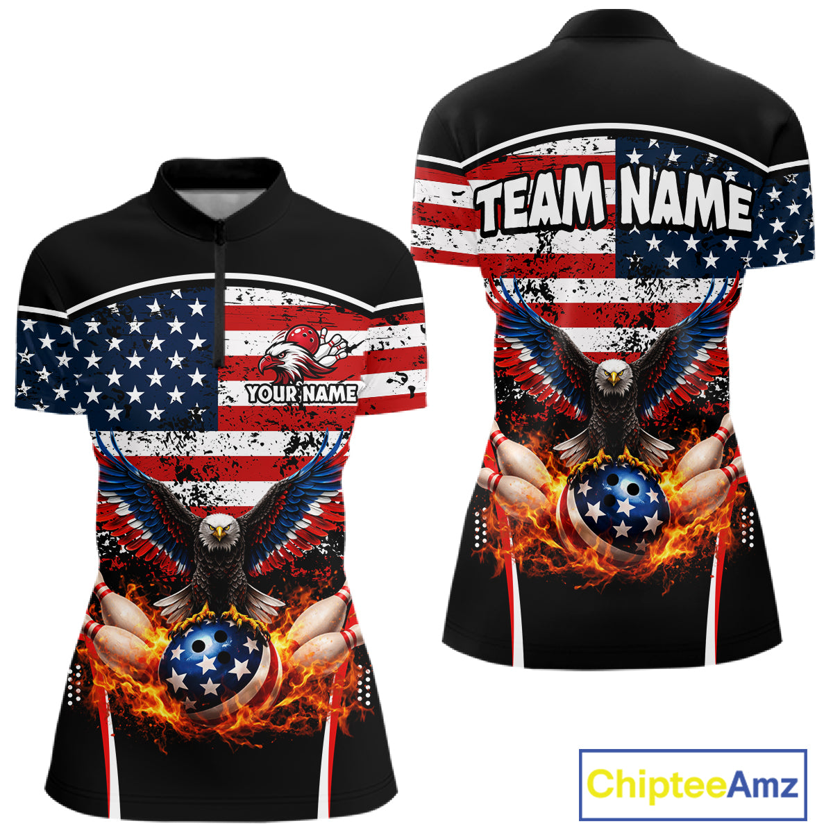 American Flag Eagle Flame Bowling Shirts For Women Custom patriotic Bowling Team Jerseys NQS11735